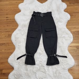 FashionNova Washed Black High Waisted Silver Buckles Belt Design Cargo Pants